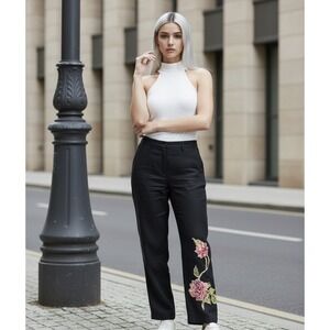 Bob Mackie‎ 12 Linen Blend Pants Floral Art Black Embroidered Lined